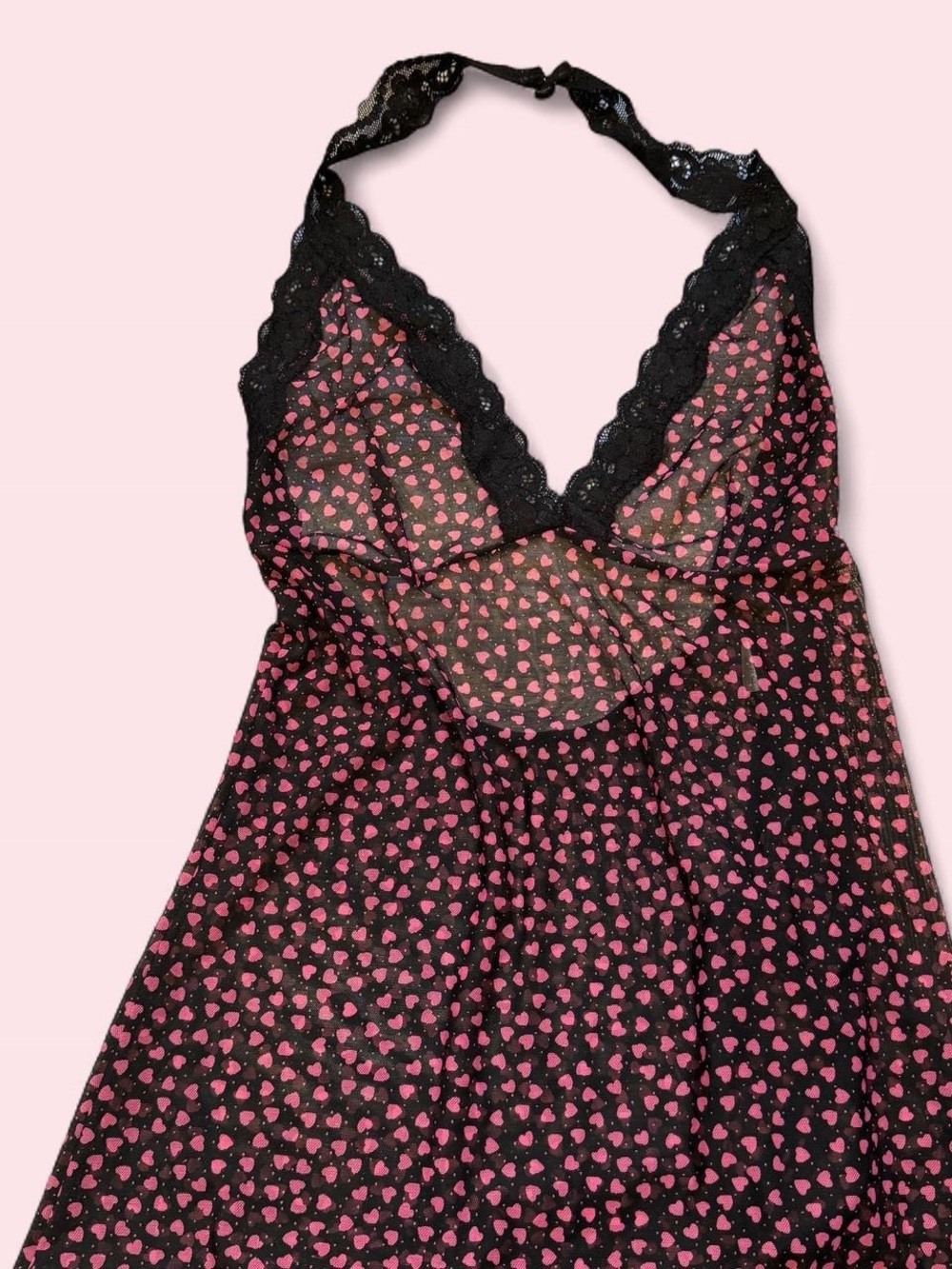 So Risque Black Sheer Halter Chemise with Pink Heart Print